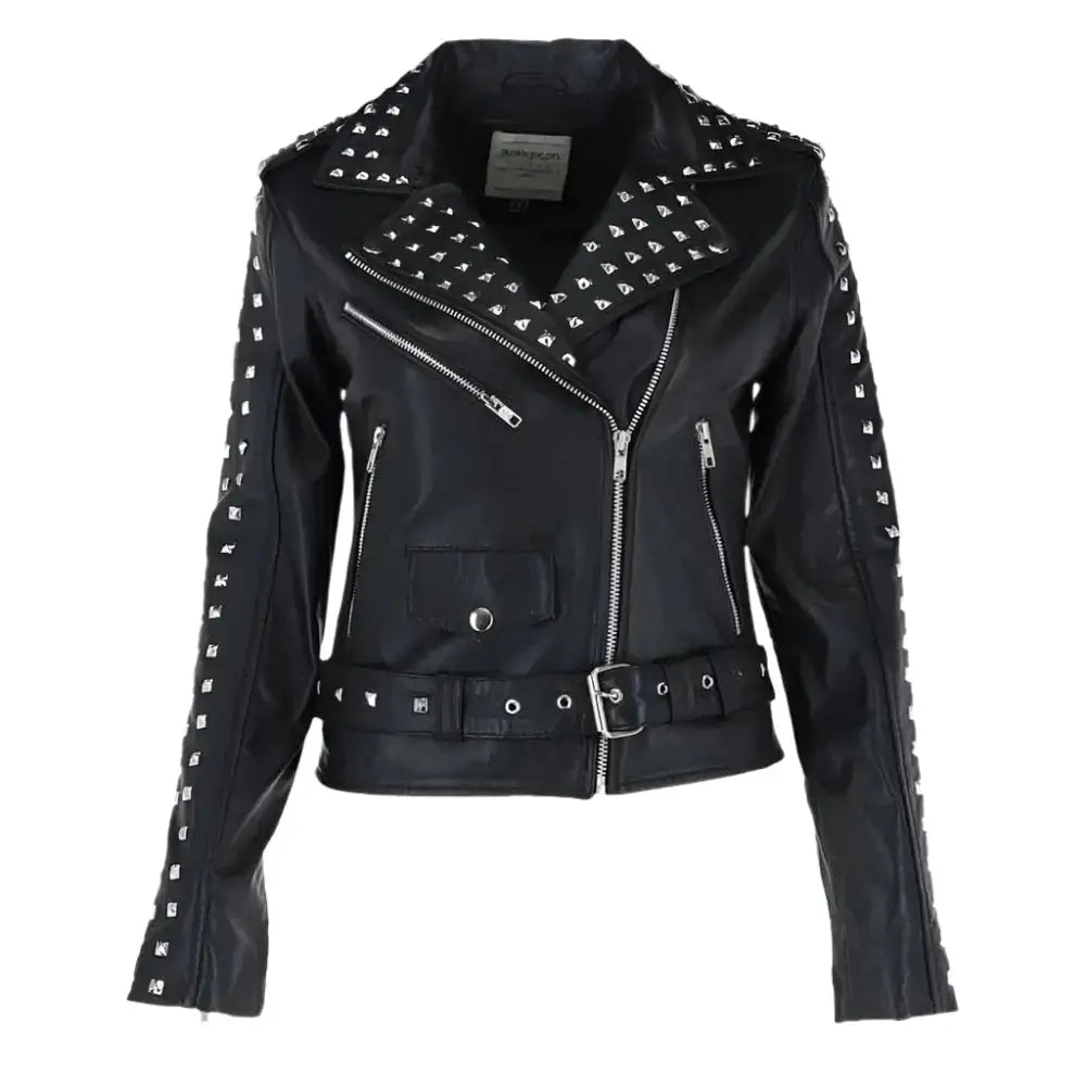 Womens Black Studded Leather Biker Jacket - Riders Republic UK
