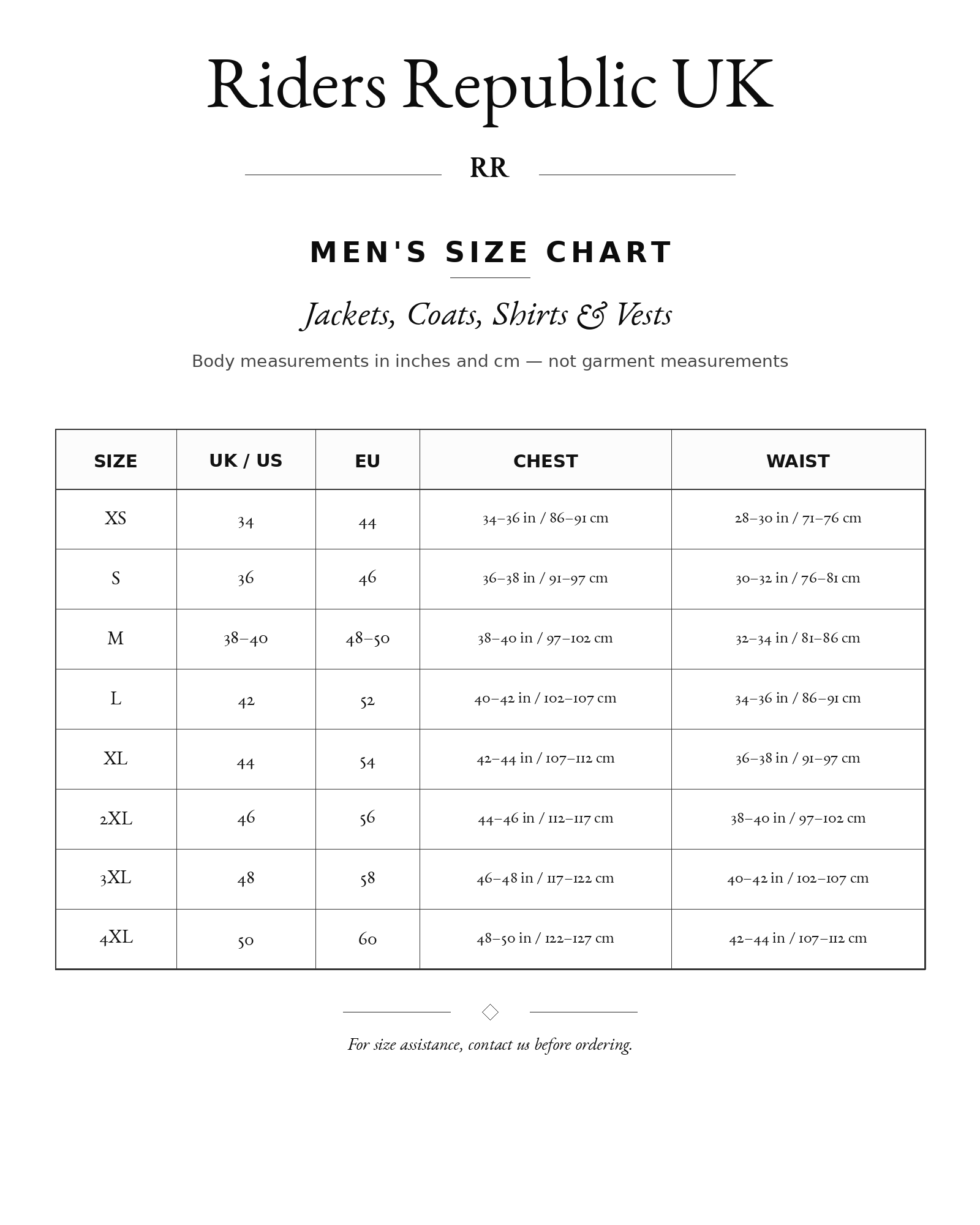 Riders Republic UK men jackets coats shirts and vests size chart body measurements