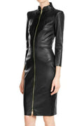 Kurzes schwarzes Lederkleid im Slim Fit für Damen
