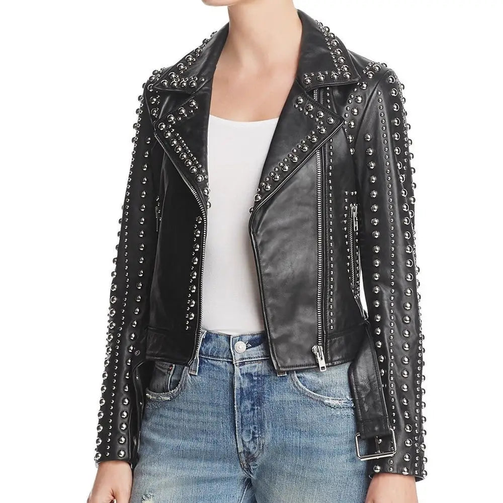 Silver Studded Punk Leather Jacket - Riders Republic UK