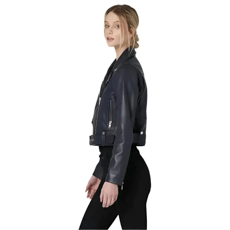 Womens Blue Leather Biker Jacket - Riders Republic UK