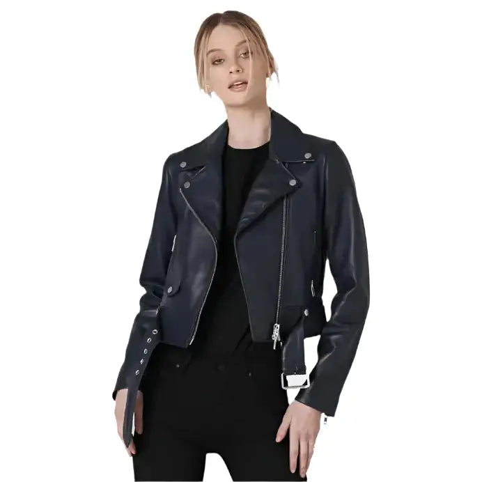 Womens Blue Leather Biker Jacket - Riders Republic UK