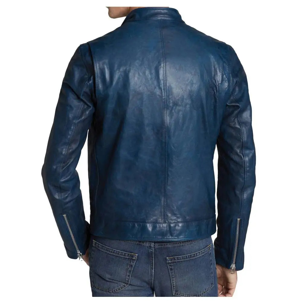 Blue Slim Fit Leather Motorcycle Jacket - Riders Republic UK