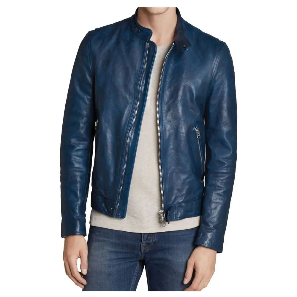 Blue Slim Fit Leather Motorcycle Jacket - Riders Republic UK