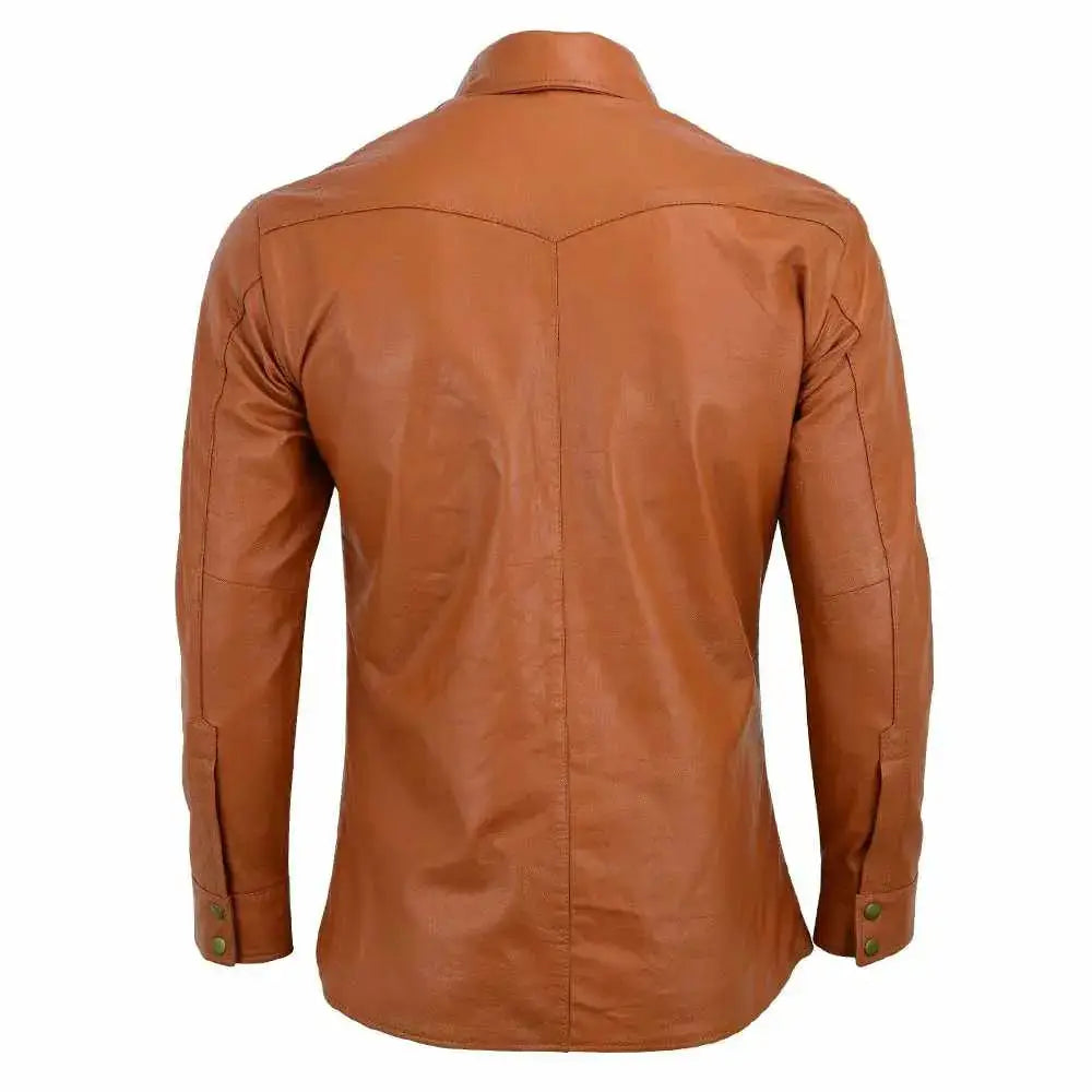Braunes Langarm Lederhemd für Herren mit zwei Brusttaschen und Slim Fit