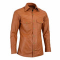 Slim Fit Lederhemd für Herren in Tan Braun mit Stehkragen und Brusttaschen