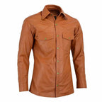 Slim Fit Lederhemd für Herren in Tan Braun mit Stehkragen und Brusttaschen