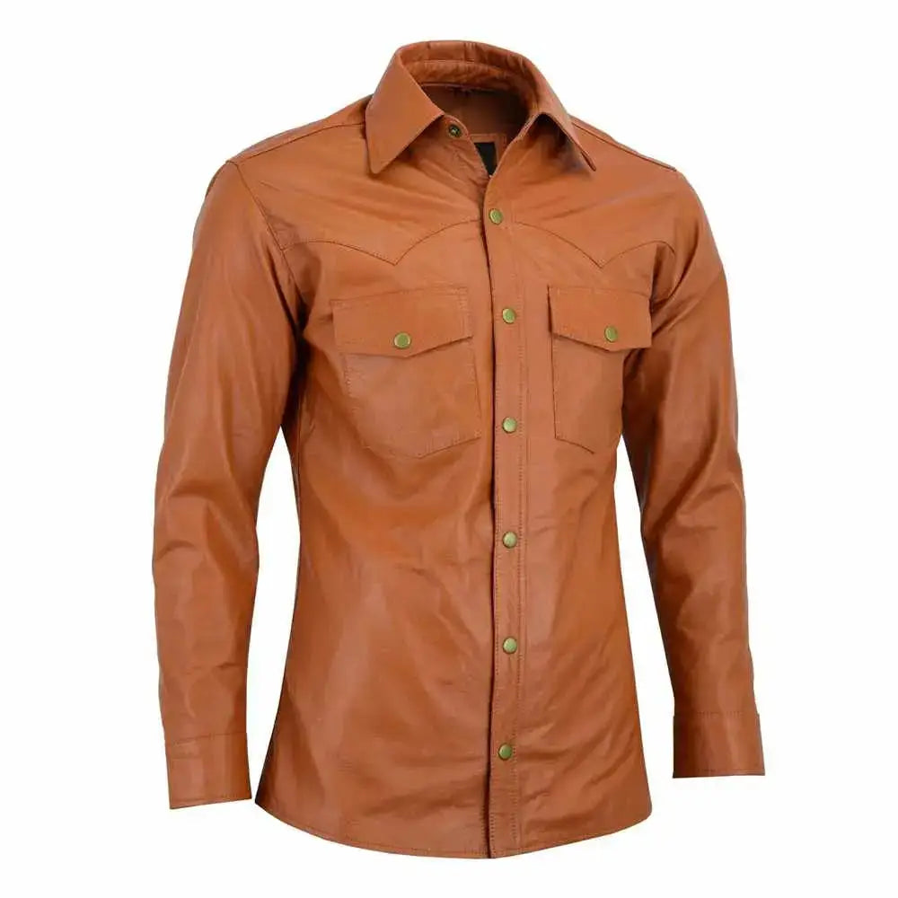 Slim Fit Lederhemd für Herren in Tan Braun mit Stehkragen und Brusttaschen