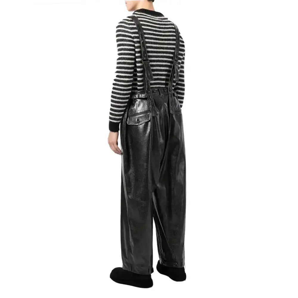 Solid Black Multi-Pockets Men’s Leather Dungaree - Riders Republic UK