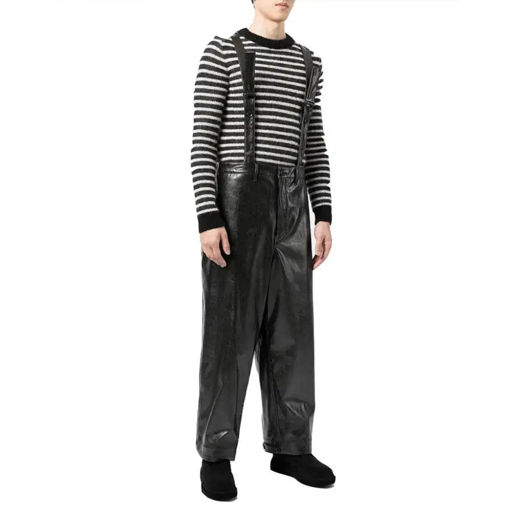 Solid Black Multi-Pockets Men’s Leather Dungaree - Riders Republic UK