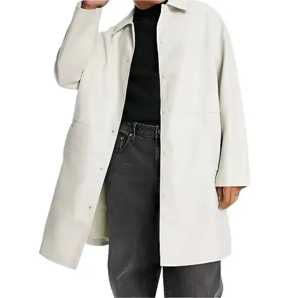 Mens White Cow Leather Trench Coat - Riders Republic UK