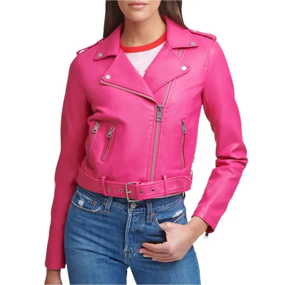 Bright Pink Womens Biker Leather Jacket - Riders Republic UK