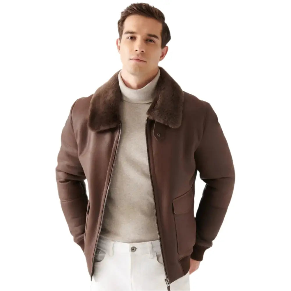 Mens Brown Shearling Bomber Jacket - Riders Republic UK