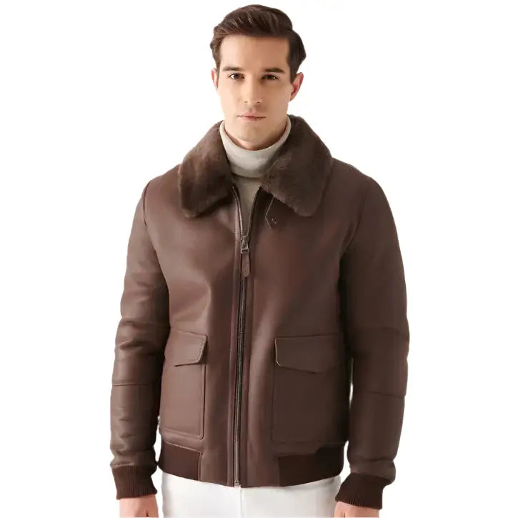 Mens Brown Shearling Bomber Jacket - Riders Republic UK