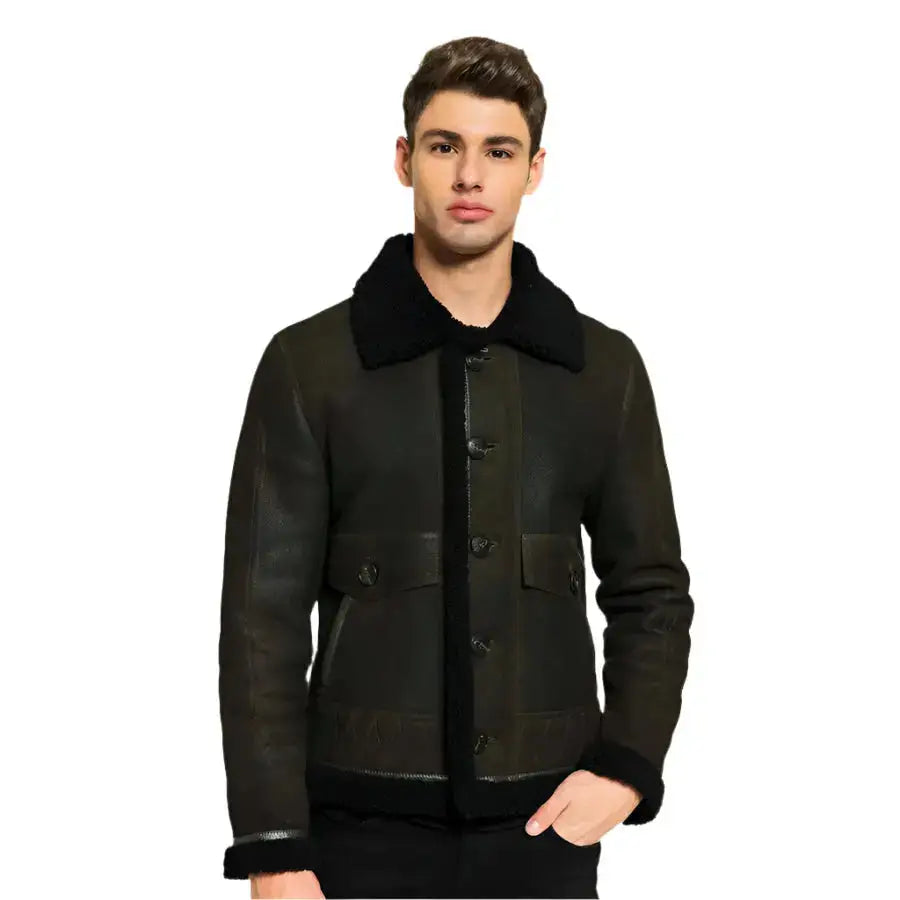 Mens Green and Black Aviator Shearling Jacket - Riders Republic UK