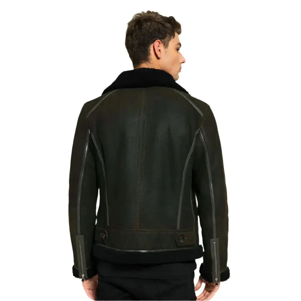 Mens Green and Black Aviator Shearling Jacket - Riders Republic UK
