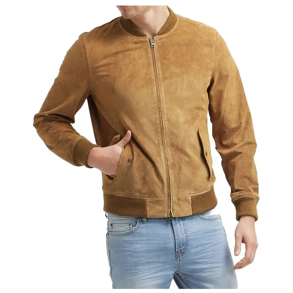 Mens Tan Suede Leather Bomber Jacket - Riders Republic UK