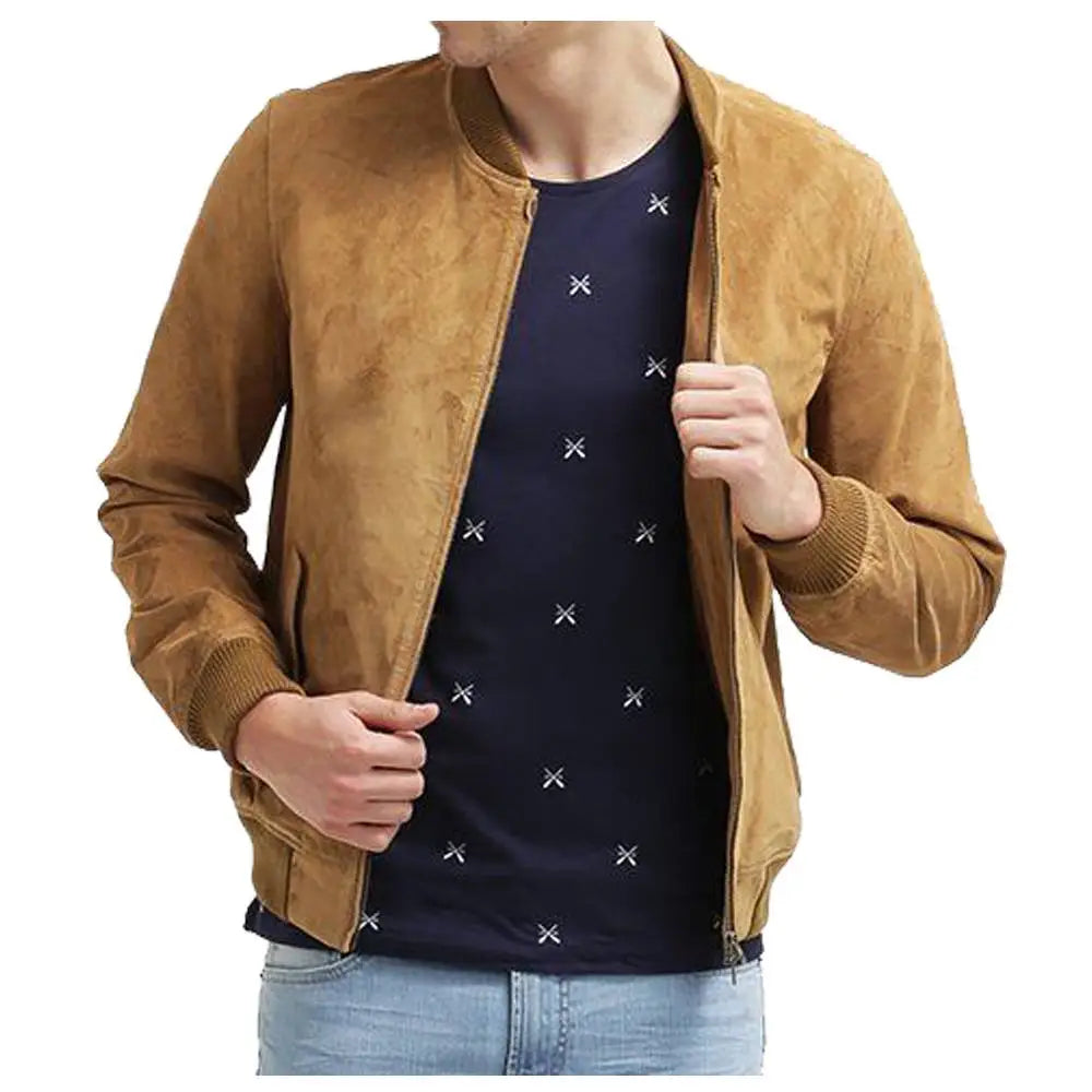 Mens Tan Suede Leather Bomber Jacket - Riders Republic UK