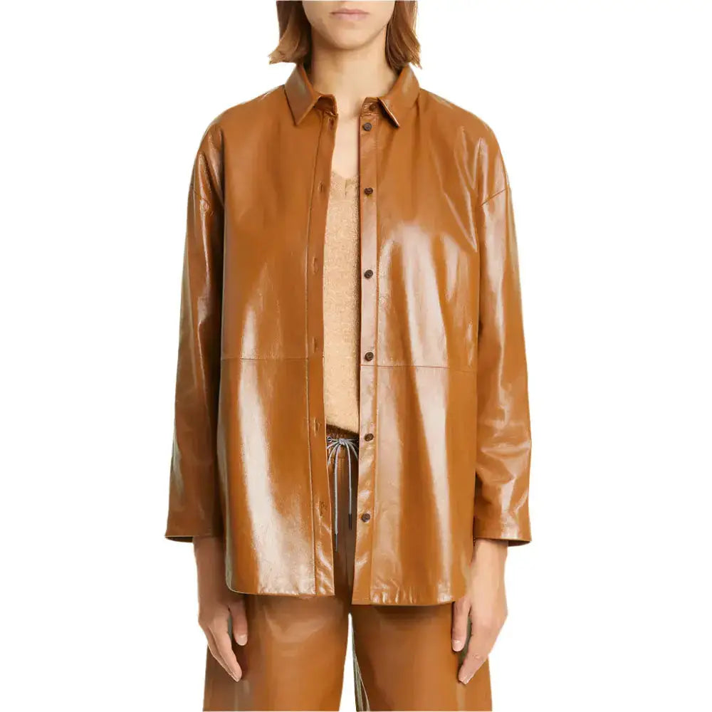 Tan Brown Leather Belted Shirt Jacket - Riders Republic UK