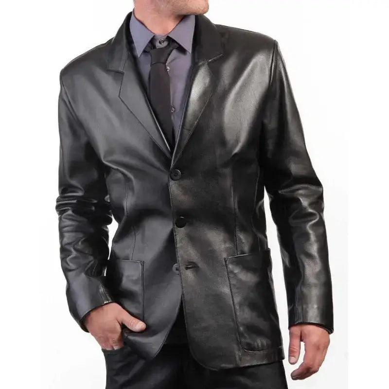Mens Black Leather Blazer Coat - Riders Republic UK