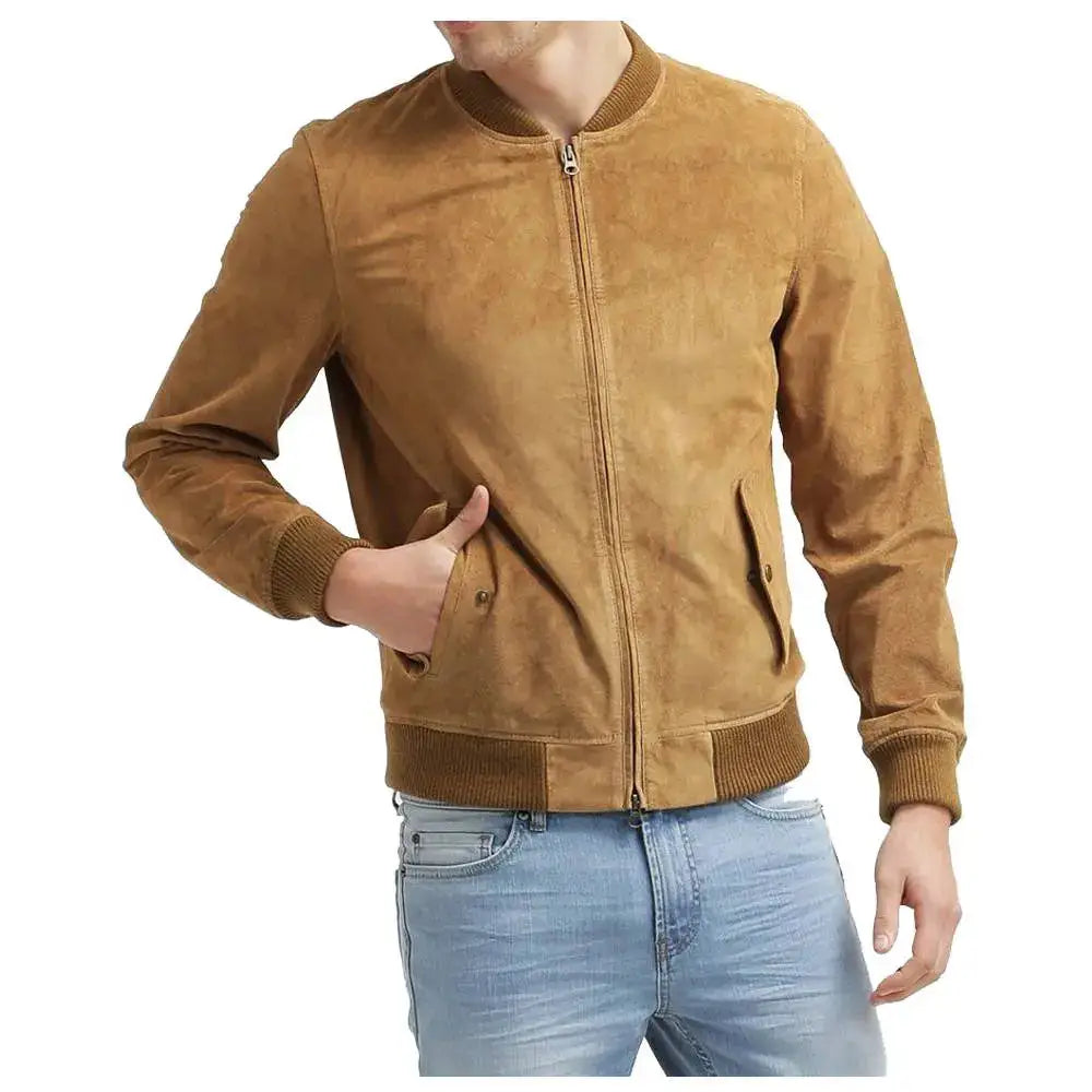 Mens Tan Suede Leather Bomber Jacket - Riders Republic UK