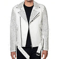 Men’s white studded leather jacket with bold punk biker style and statement leather finish.