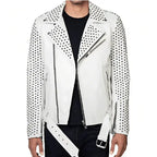 Men’s white studded leather jacket with bold punk biker style and statement leather finish.