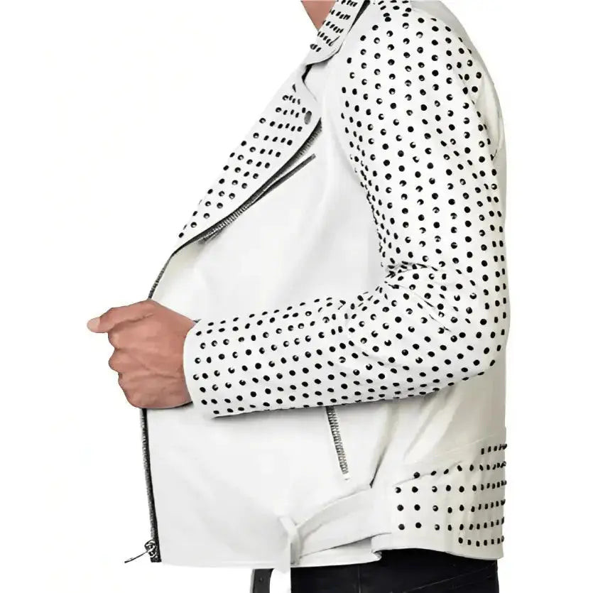 White leather jacket for men with studded detailing and rock-inspired fashion design.