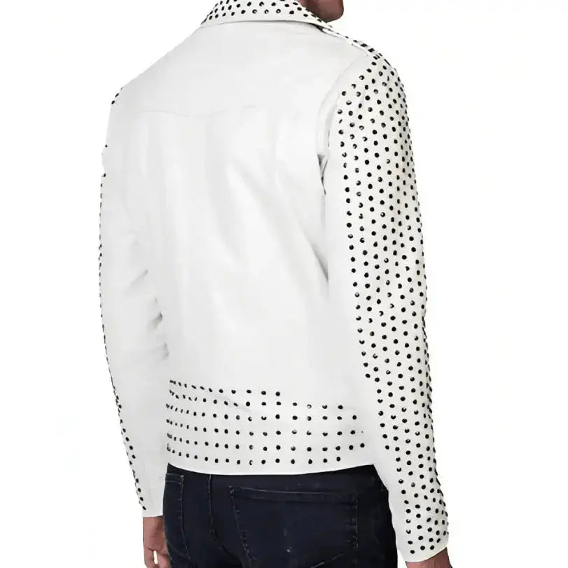 Men’s studded leather jacket in white with alternative biker style for bold outfits.