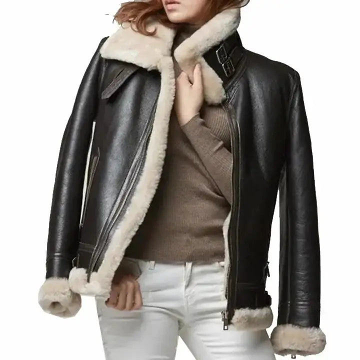 Black Sheepskin Leather Aviator Jacket - Riders Republic UK