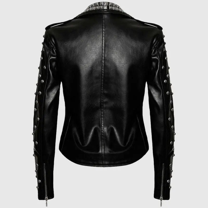 Womens Black Studded Brando Leather Jacket - Riders Republic UK