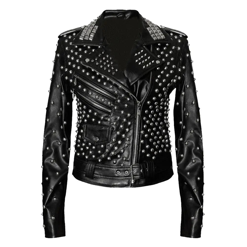Womens Black Studded Brando Leather Jacket - Riders Republic UK
