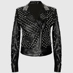 Womens Black Studded Brando Leather Jacket - Riders Republic UK