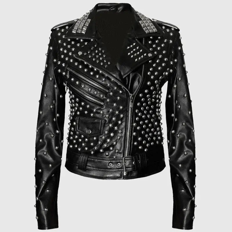 Womens Black Studded Brando Leather Jacket - Riders Republic UK