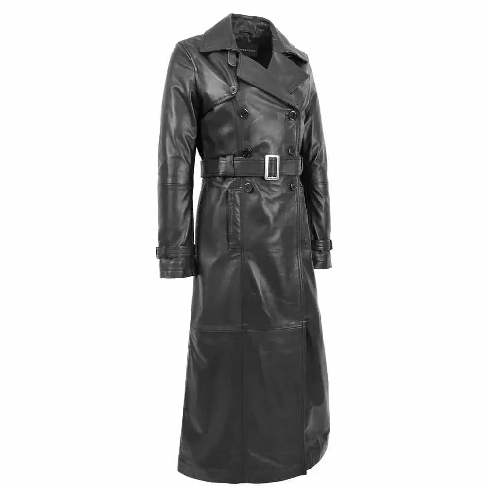Women’s genuine leather double breasted coat with long trench fit