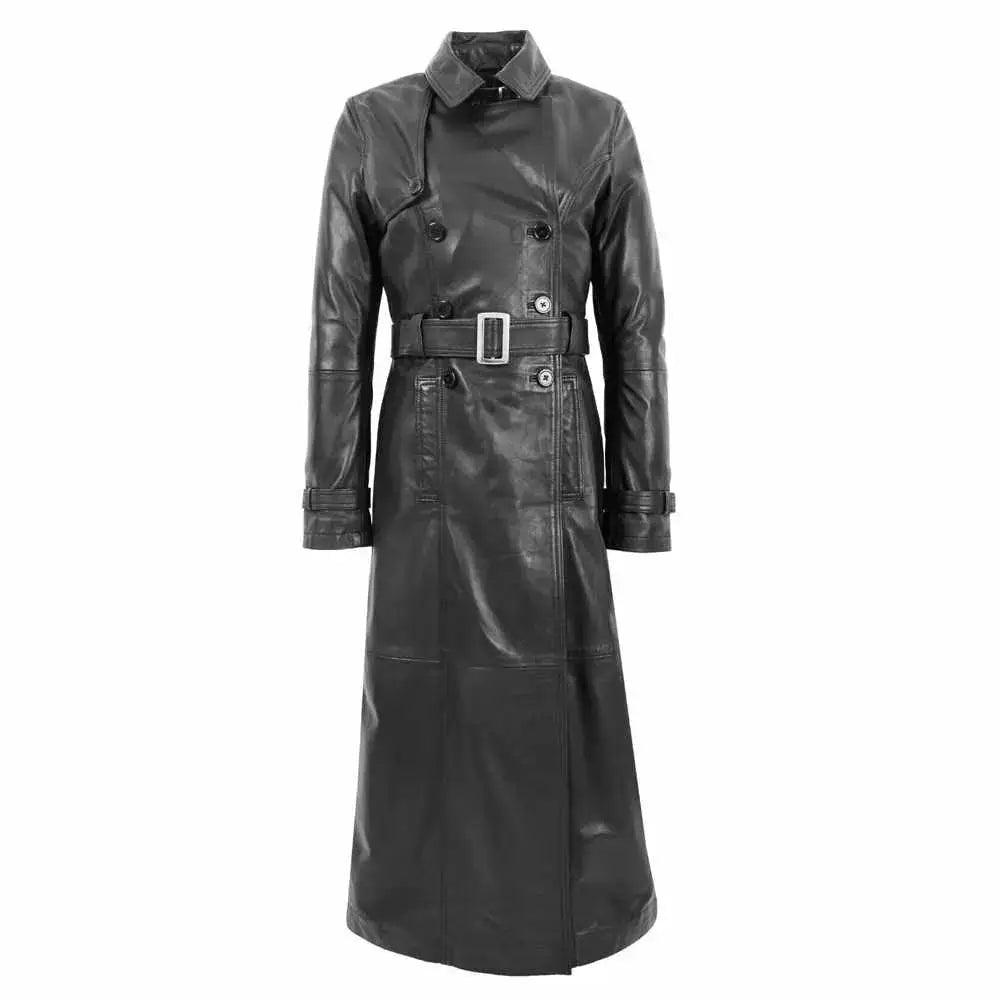 Full length black leather trench coat for women with belted shape