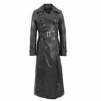Women’s long leather trench coat with double breasted front