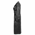 Black full length leather coat for women with structured tailoring