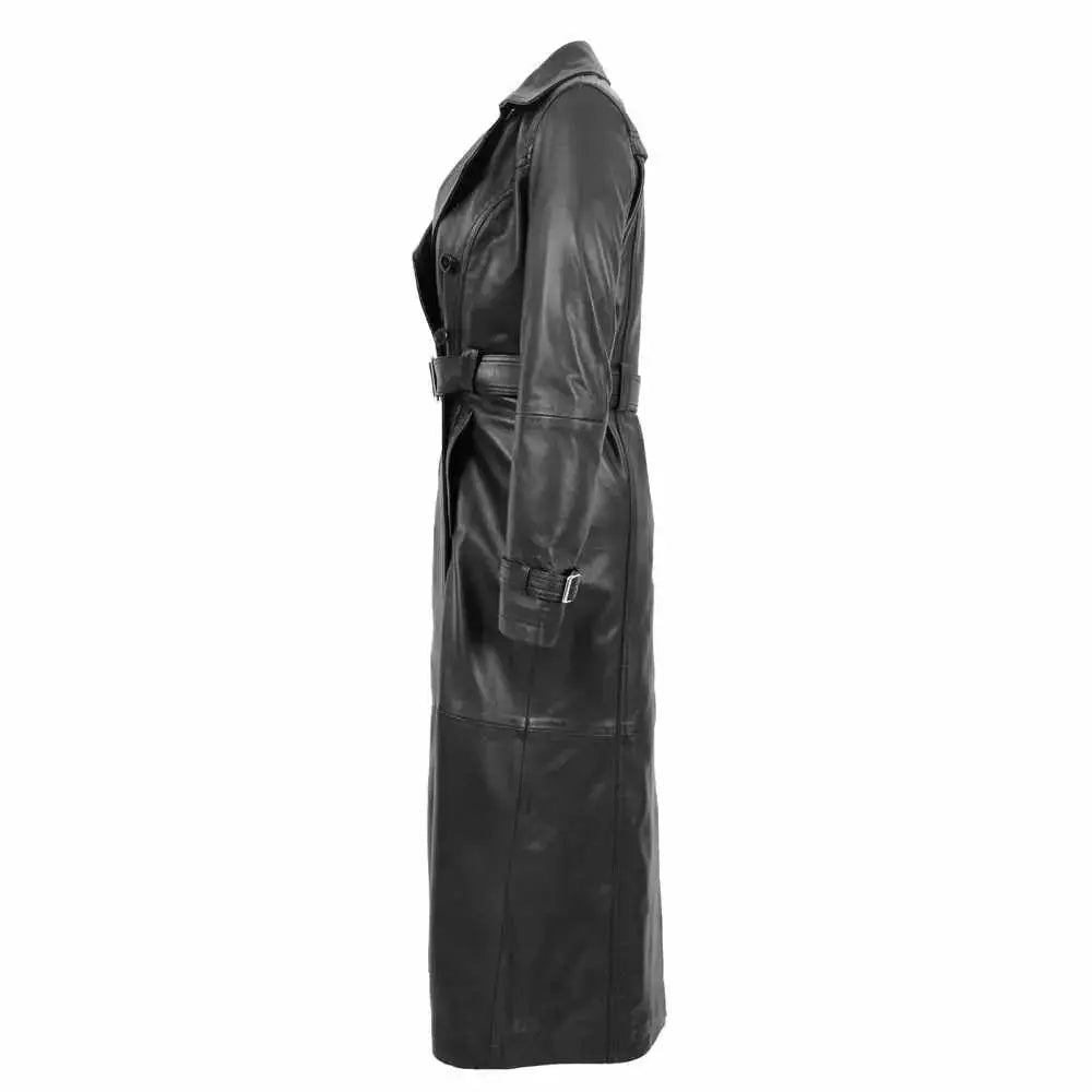 Black full length leather coat for women with structured tailoring