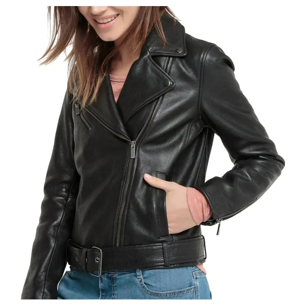 Womens Black Lambskin Leather Biker Jacket - Riders Republic UK