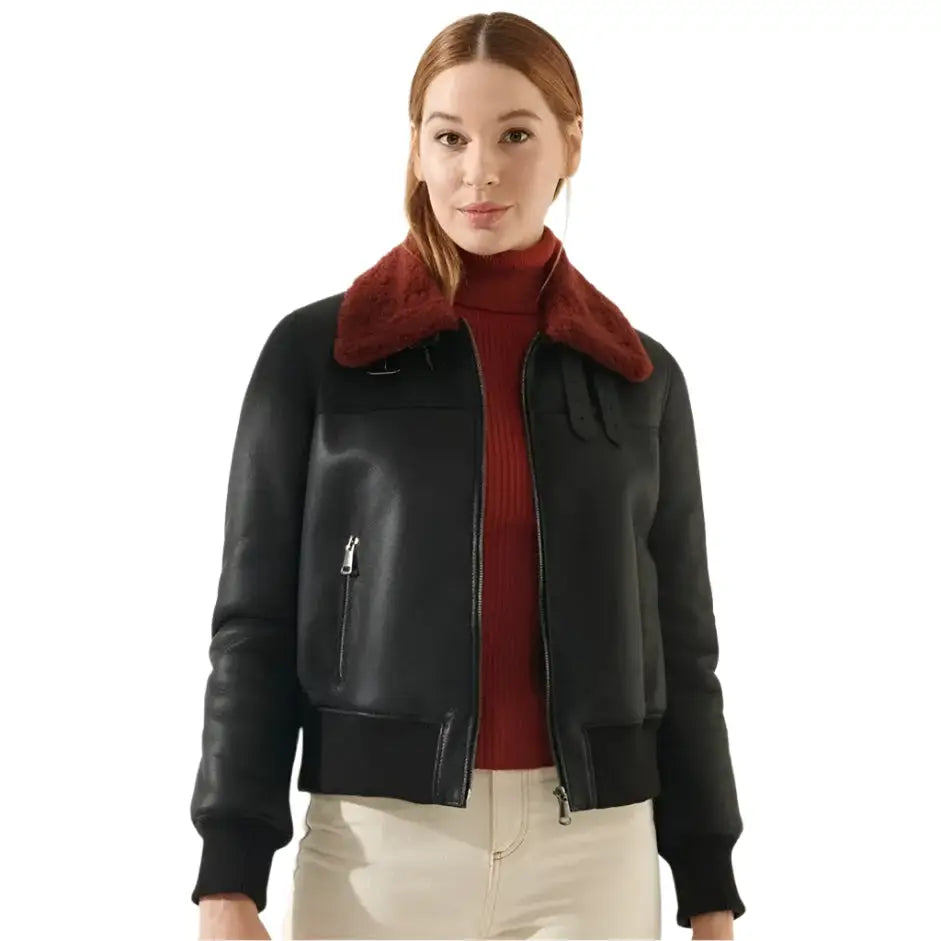 Womens Leather Bomber Jacket Red Fur - Riders Republic UK