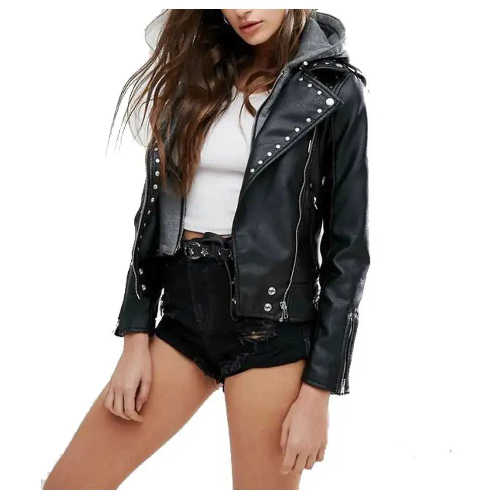 Womens Pin Leather Biker Jacket - Riders Republic UK