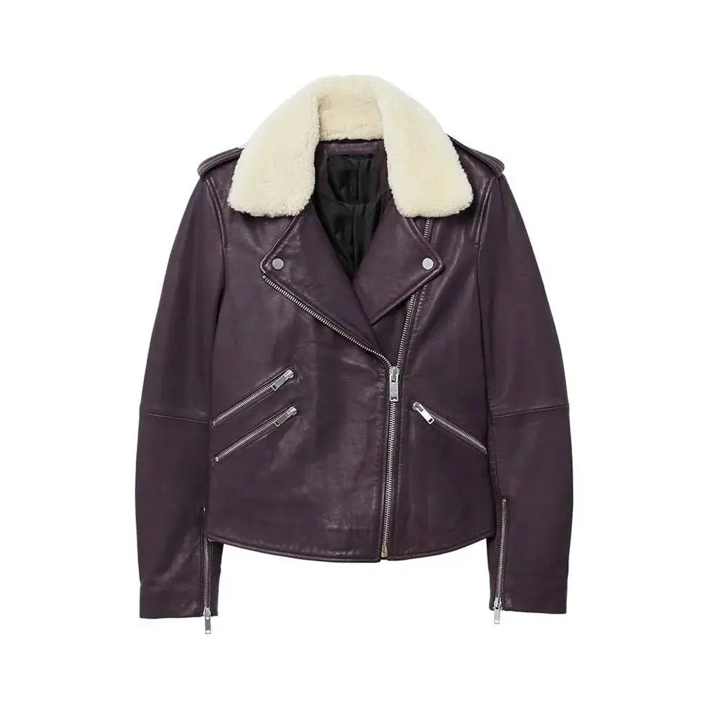 Women Purple Genuine Leather Biker Jacket - Riders Republic UK
