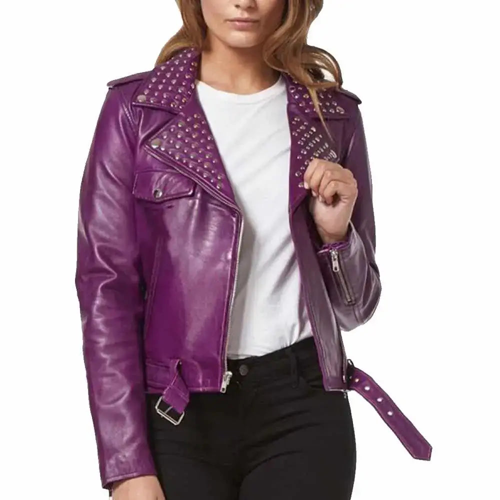 Purple Leather Studded Biker Jacket - Riders Republic UK