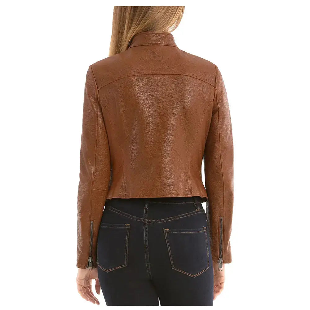 Womens Brown Slim Fit Leather Biker Jacket - Riders Republic UK