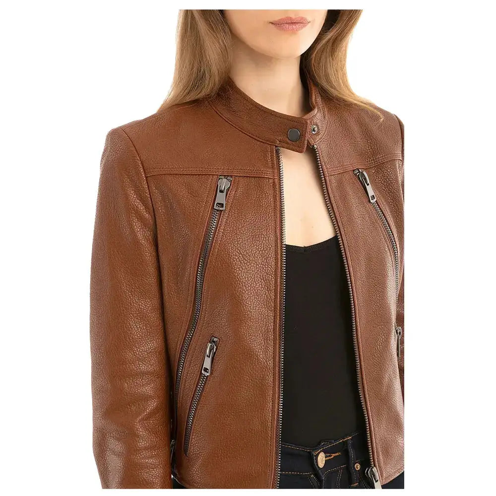 Womens Brown Slim Fit Leather Biker Jacket - Riders Republic UK