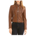 Womens Brown Slim Fit Leather Biker Jacket - Riders Republic UK