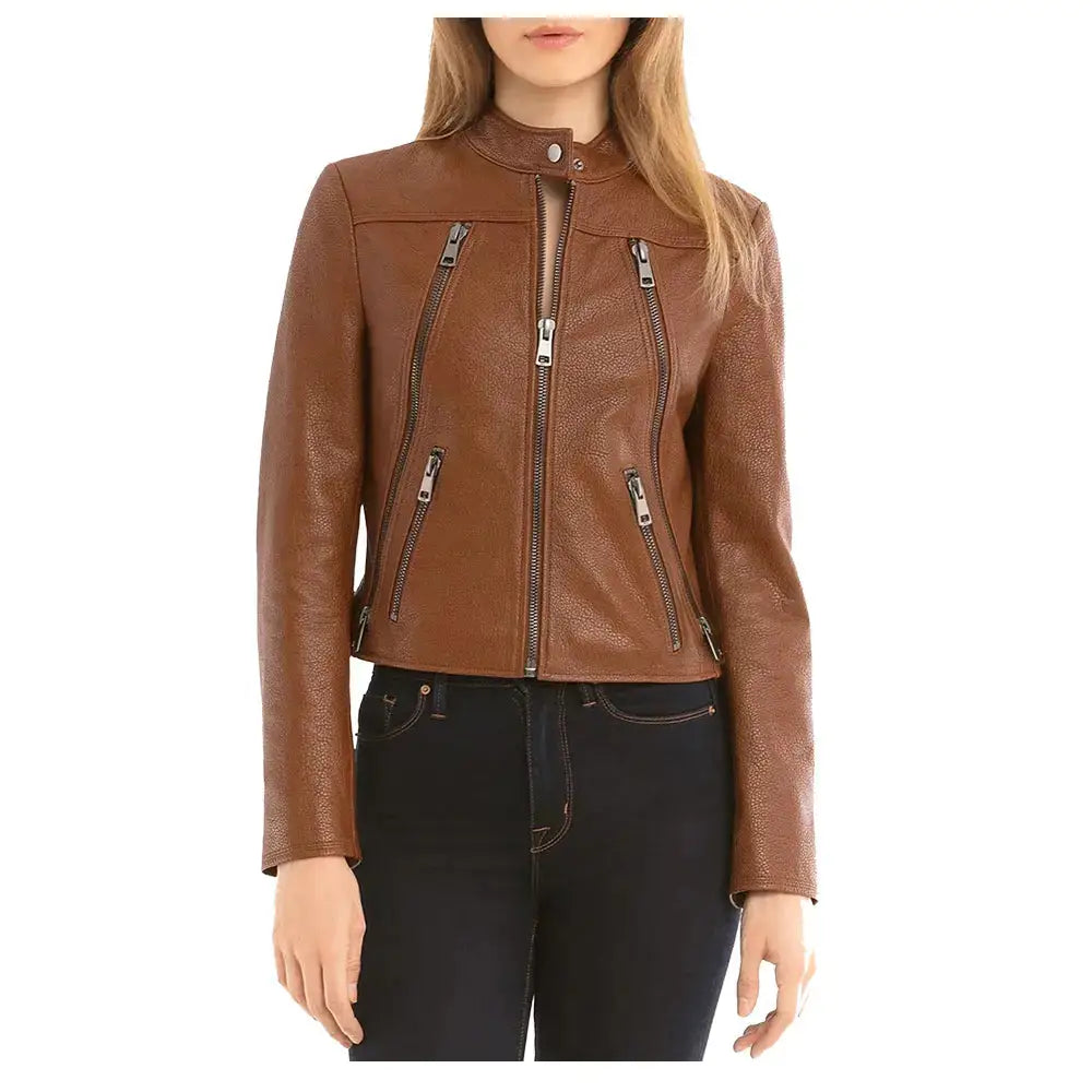 Womens Brown Slim Fit Leather Biker Jacket - Riders Republic UK