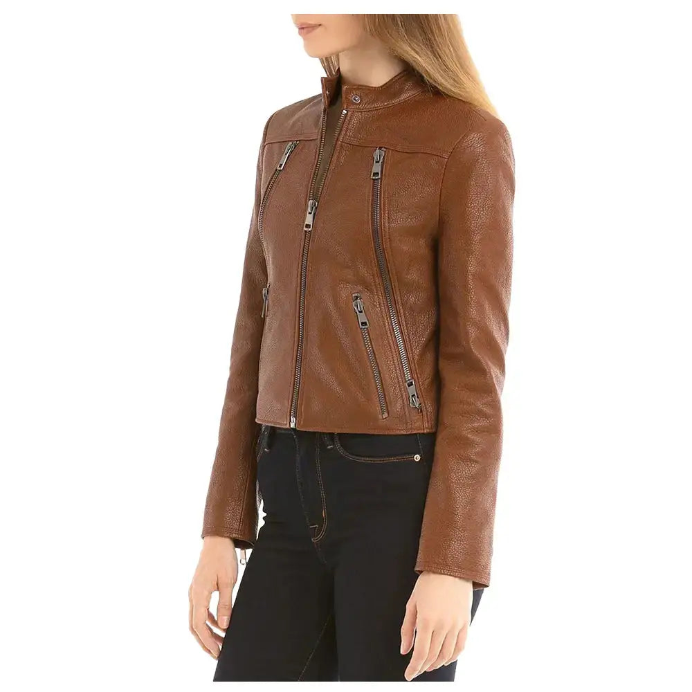 Womens Brown Slim Fit Leather Biker Jacket - Riders Republic UK