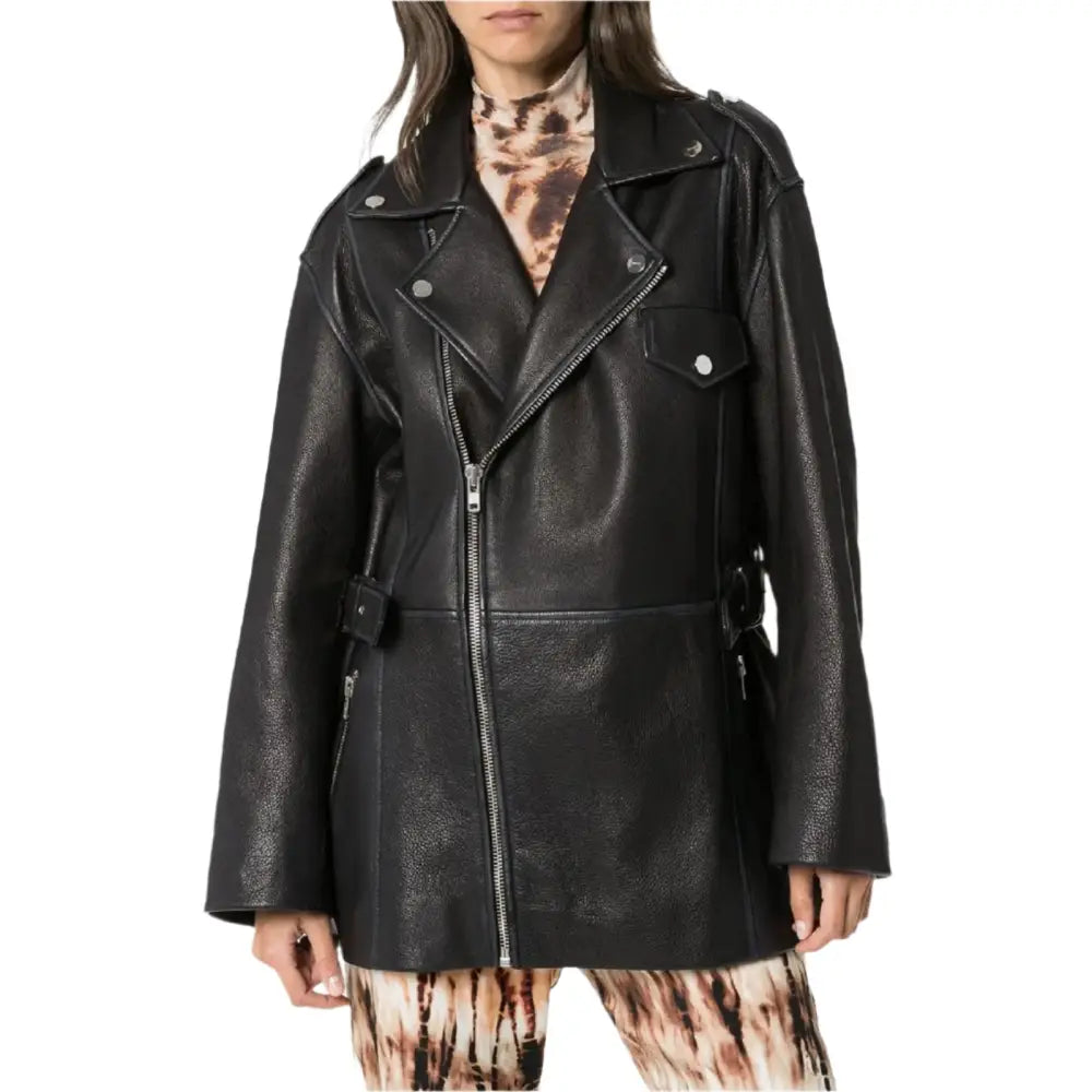 Womens Black Leather Long Jacket - Riders Republic UK